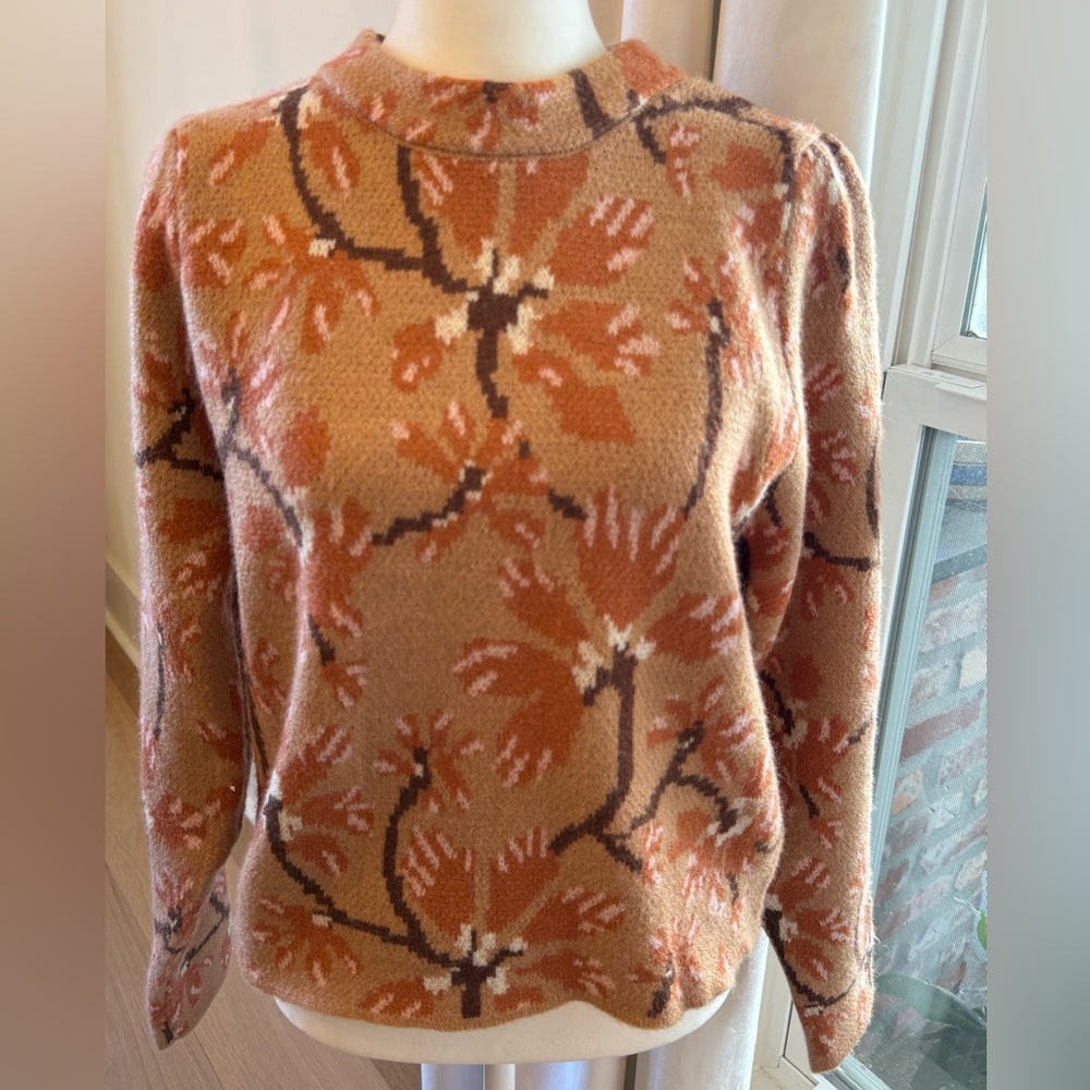 Elegant Floral Cowl Neck Sweater - Brown and Orange